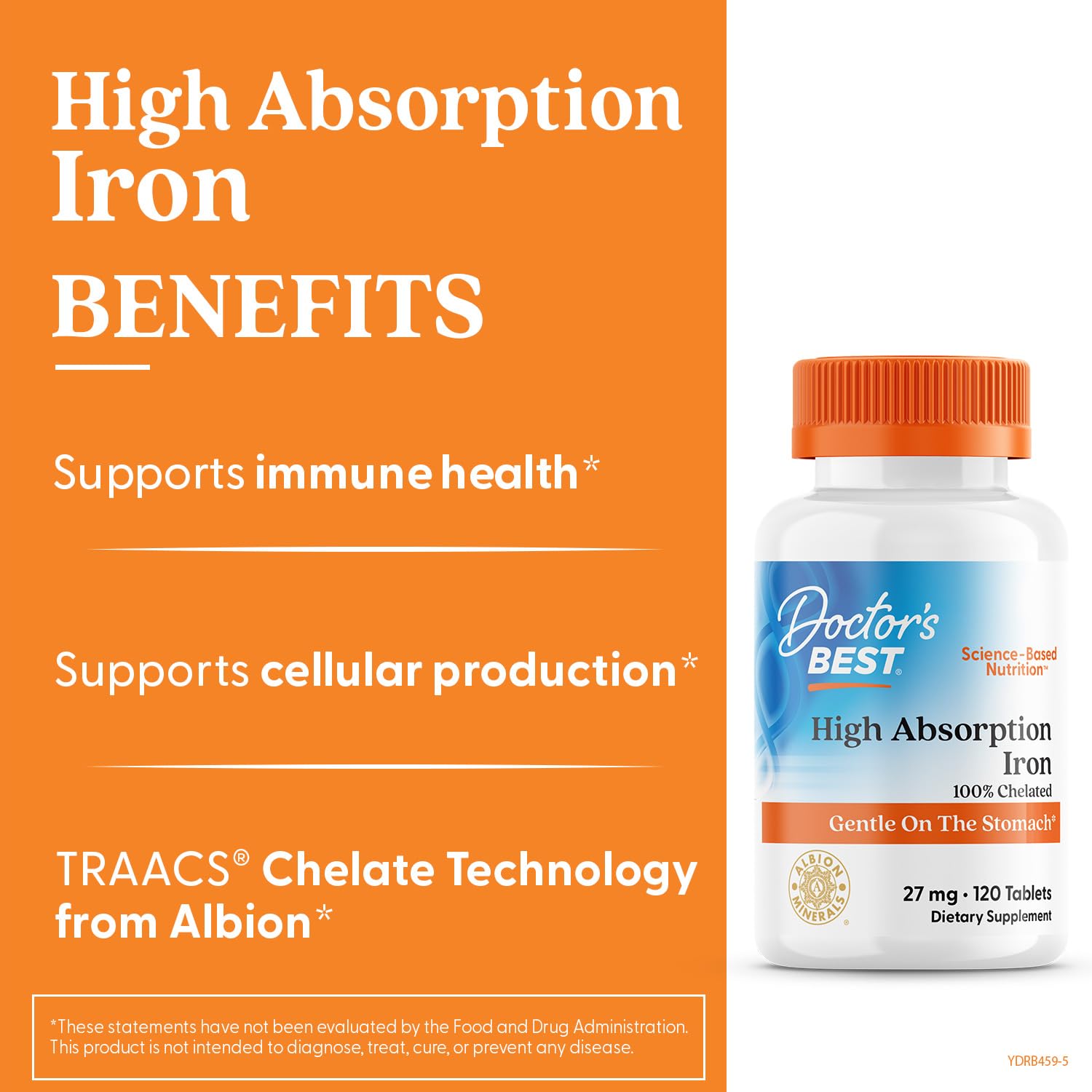 Doctor's Best High Absorption Iron (Ferrochel) 27 mg – Gentle on Stomach | Immune & Blood Health