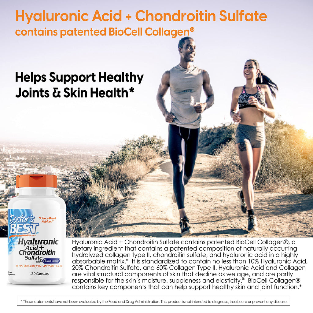 Doctor's Best Hyaluronic Acid with Chondroitin Sulfate Featuring BioCell Collagen – Joint Support, Skin Health, Non-GMO, Gluten Free, Soy Free, 180 Count