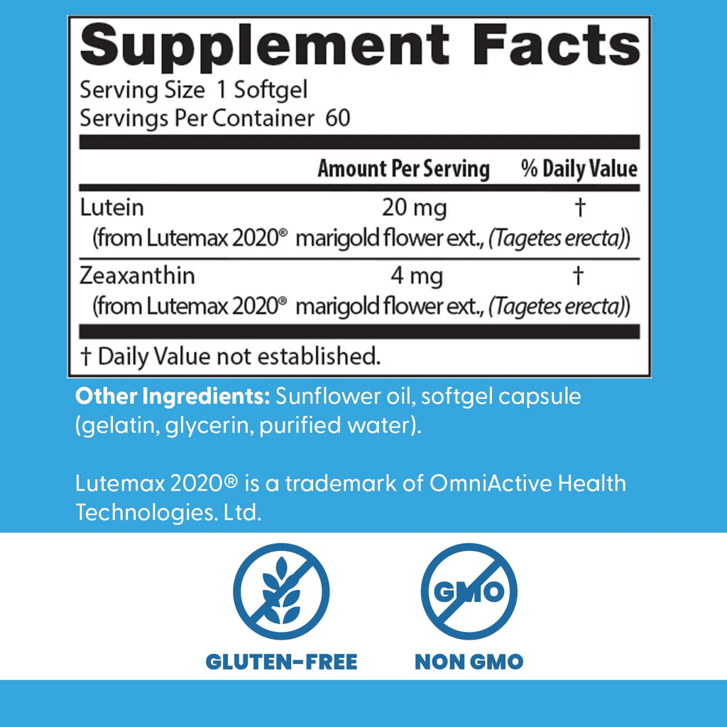 Doctors Best Lutein with Lutemax 20 mg - Supports Eye Health & Performance, Non-GMO, Gluten Free | 60 Softgels