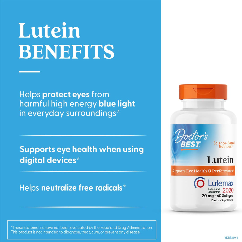 Doctors Best Lutein with Lutemax 20 mg - Supports Eye Health & Performance, Non-GMO, Gluten Free | 60 Softgels