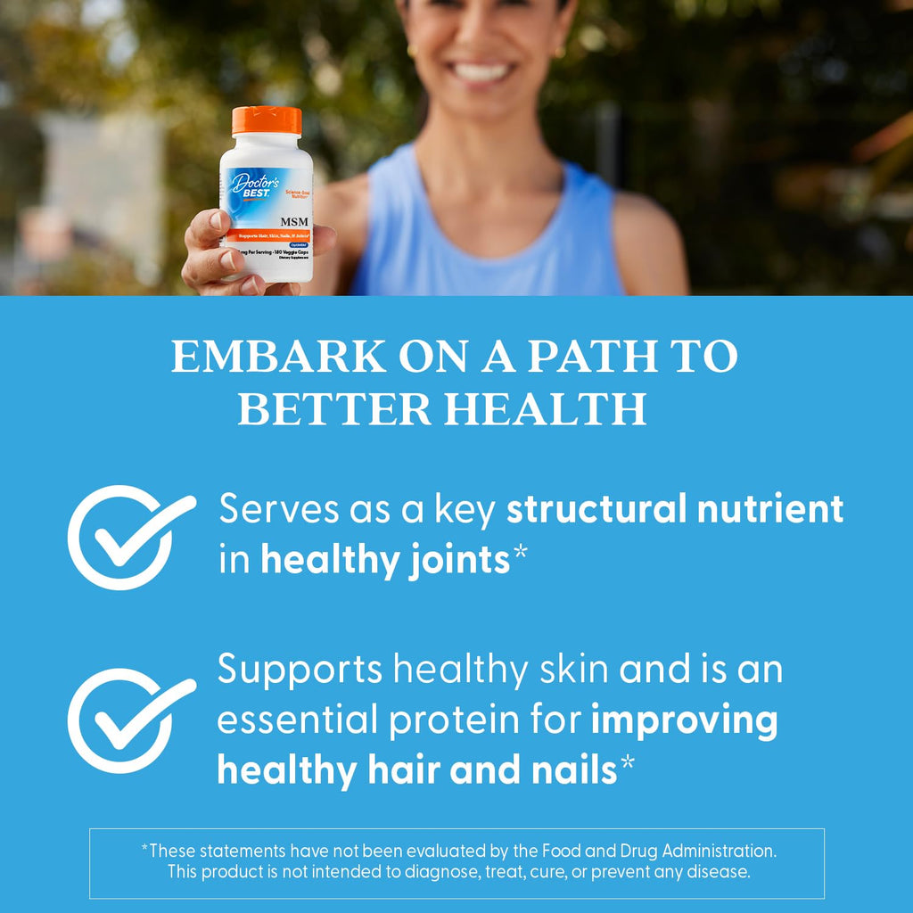 Doctors Best MSM – Supports Hair, Skin, Nails & Joints | Non-GMO, Gluten Free, Vegan | 180 Veggie Caps