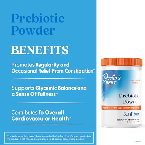 Doctor's Best Prebiotic Fiber Powder with Sunfiber – 7.4 oz, Gluten Free, Non-GMO, Vegan, Easy Dissolve