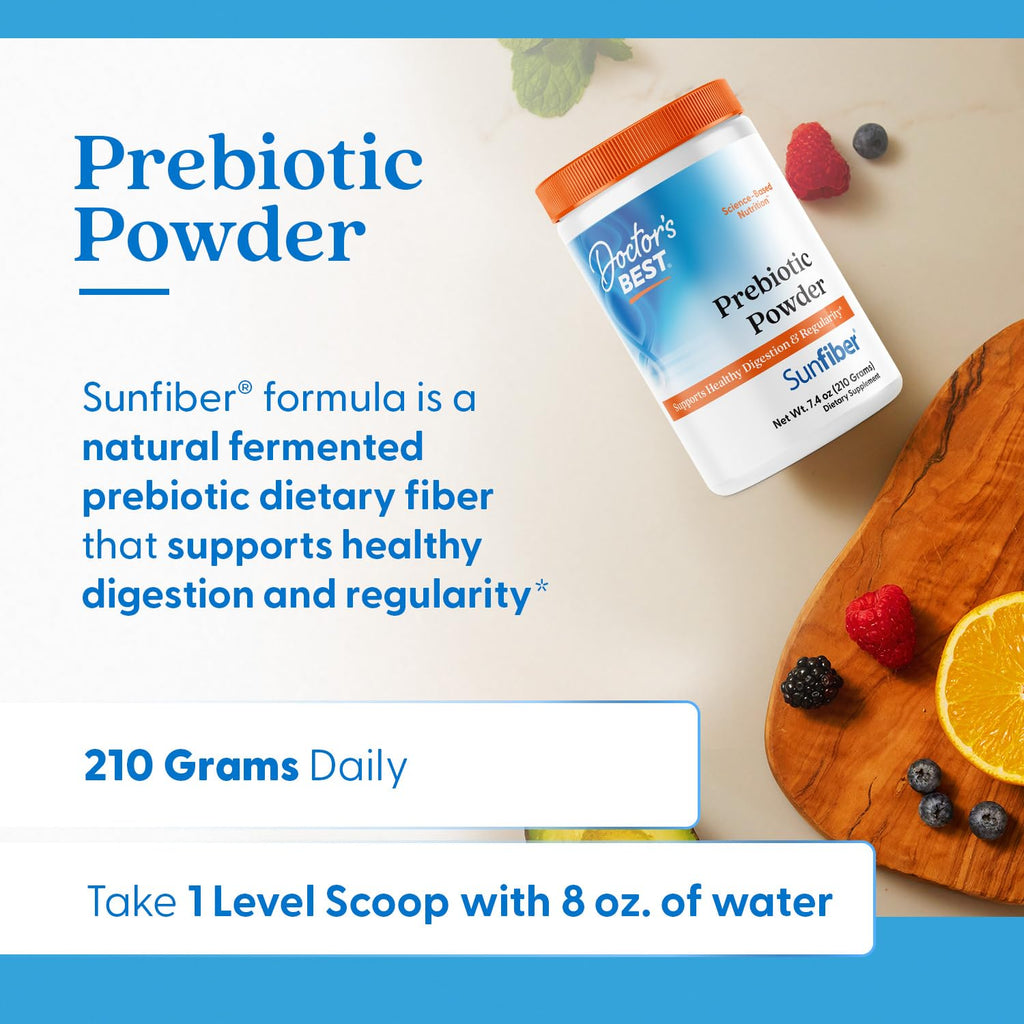 Doctor's Best Prebiotic Fiber Powder with Sunfiber – 7.4 oz, Gluten Free, Non-GMO, Vegan, Easy Dissolve