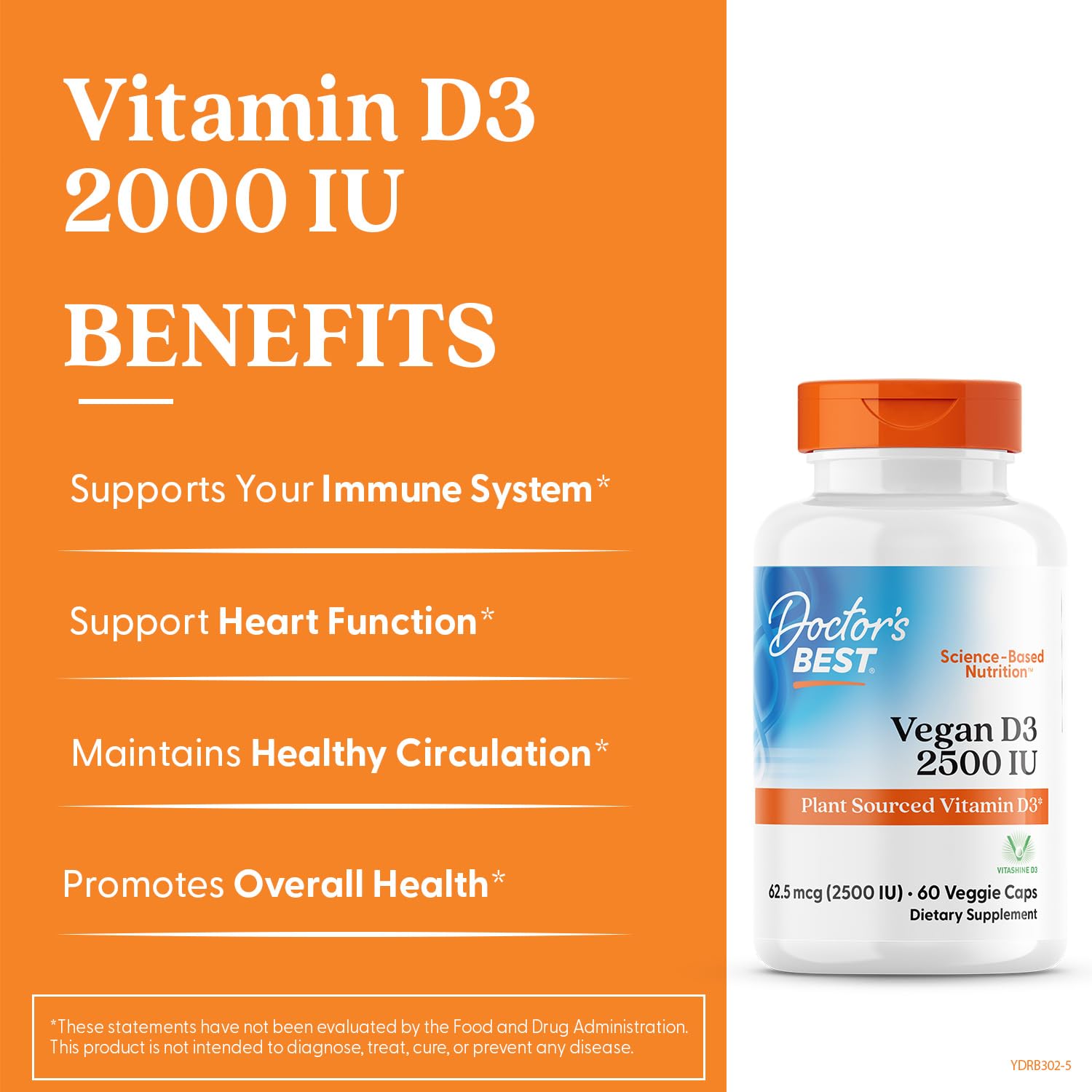 Doctors Best Vegan D3 2500 IU Vitashine - Plant-Sourced Vitamin D3, 60 Veggie Caps