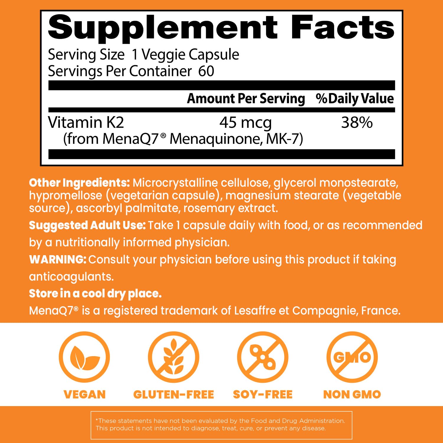 Doctors Best Vitamin K2 MK-7 (MenaQ7) – 60 Veggie Caps – Bone & Tissue Support