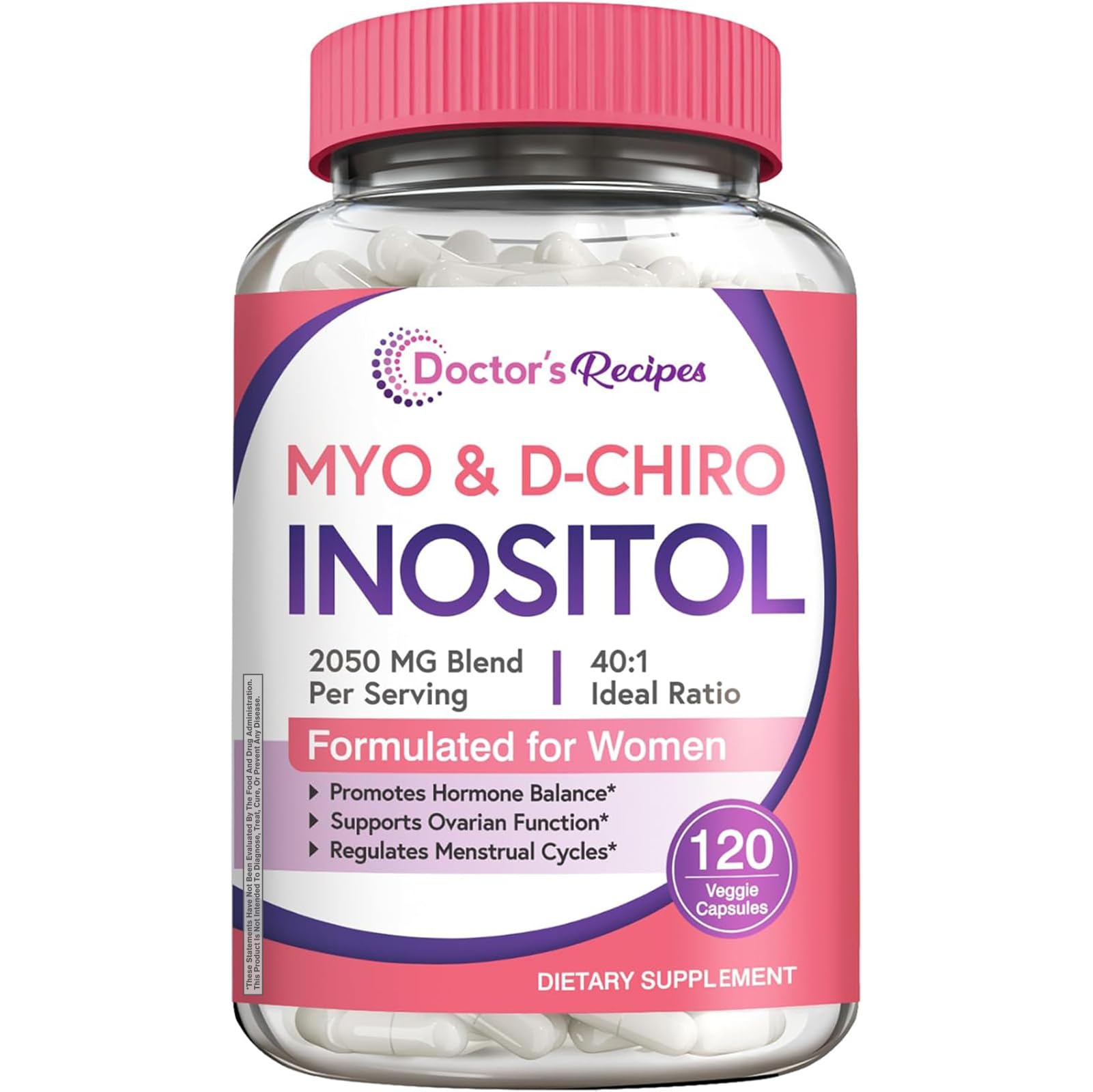 Doctor's Recipes Inositol Supplement – 40:1 Myo-Inositol & D-Chiro Inositol, 2,050 mg per serving, Hormone Balance & Fertility Support, 120 Vegan Caps