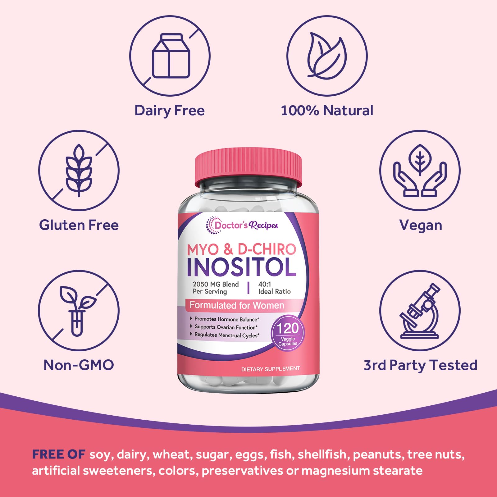 Doctor's Recipes Inositol Supplement – 40:1 Myo-Inositol & D-Chiro Inositol, 2,050 mg per serving, Hormone Balance & Fertility Support, 120 Vegan Caps