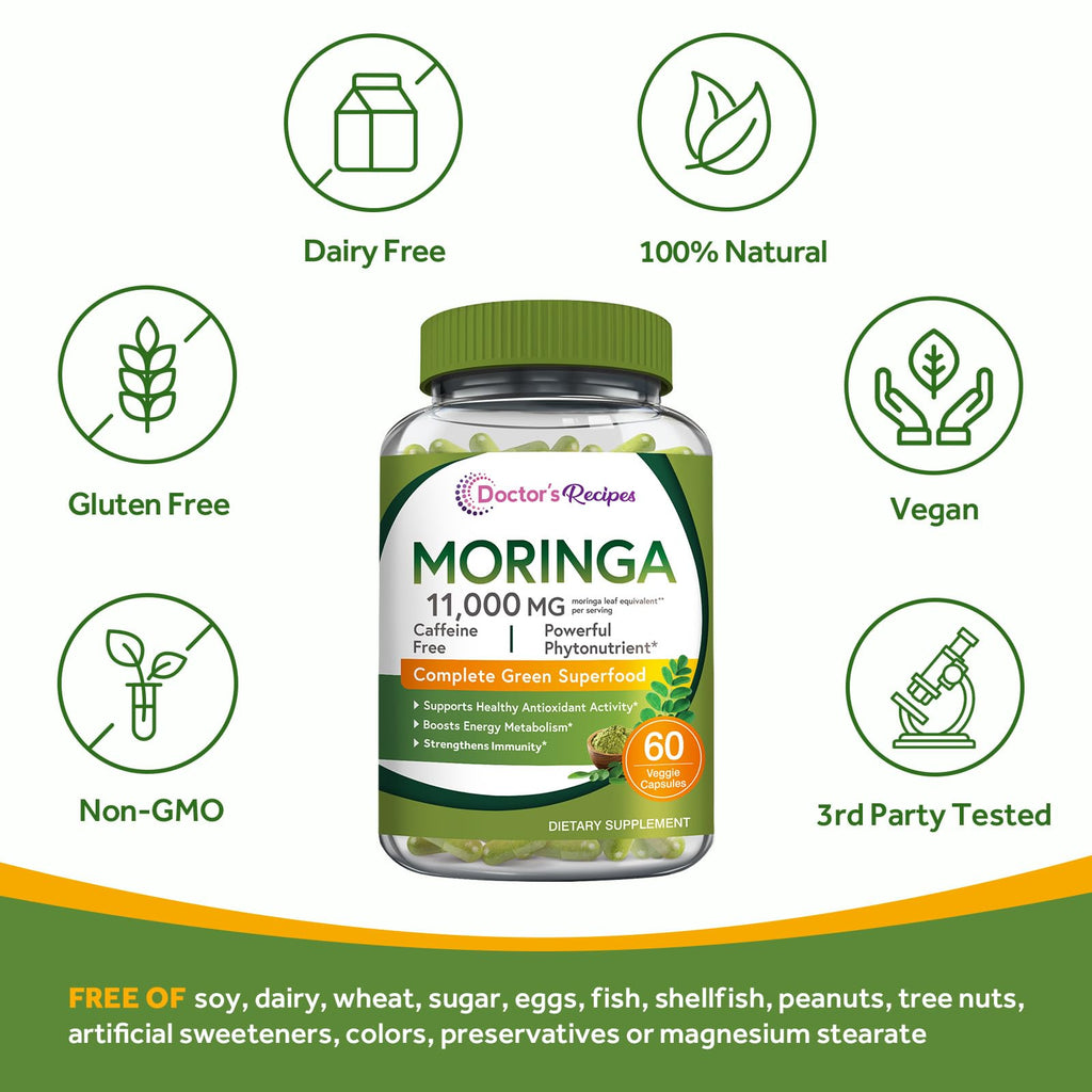 Doctor's Recipes Moringa 11,000 mg – Complete Green Superfood, Non-GMO, 60 Vegan Caps