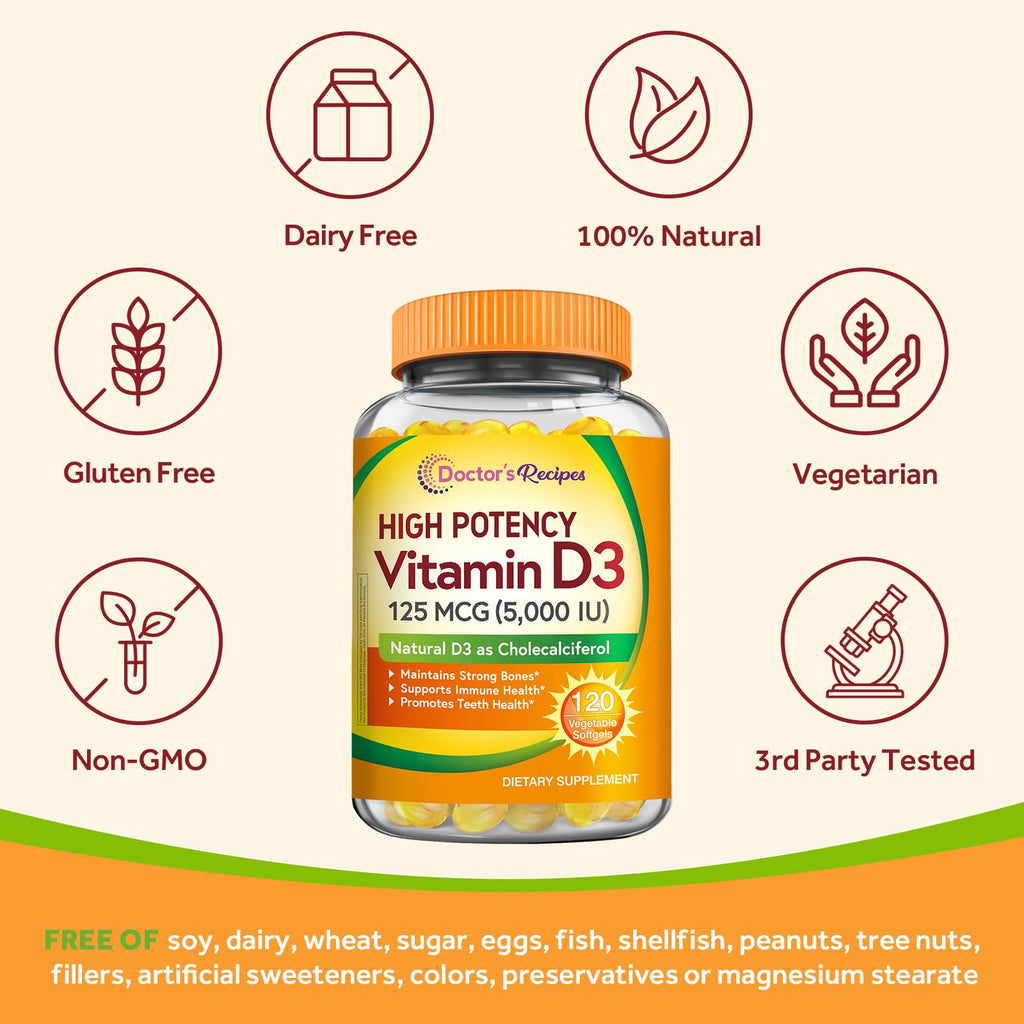 Doctor's Recipes Vitamin D3 5000IU — Immune Support, 120 Vegetarian Softgels