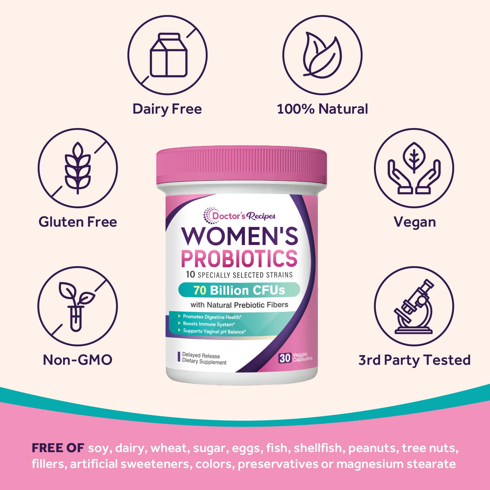 Doctor's Recipes Women's Probiotics — 70B CFU, 10 Strains, Organic Prebiotics, Digestive & Vaginal Health