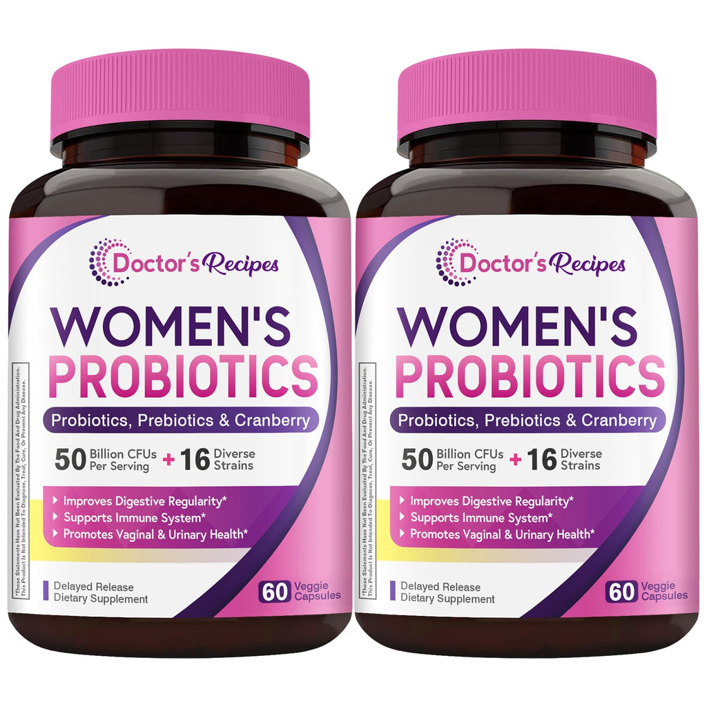 Doctor's Recipes Women's Probiotics | 50 Billion CFU, 16 Strains, Prebiotics & Cranberry | Shelf-Stable, Delayed Release | 120 Capsules (Pack of 2) | 60-Day Supply