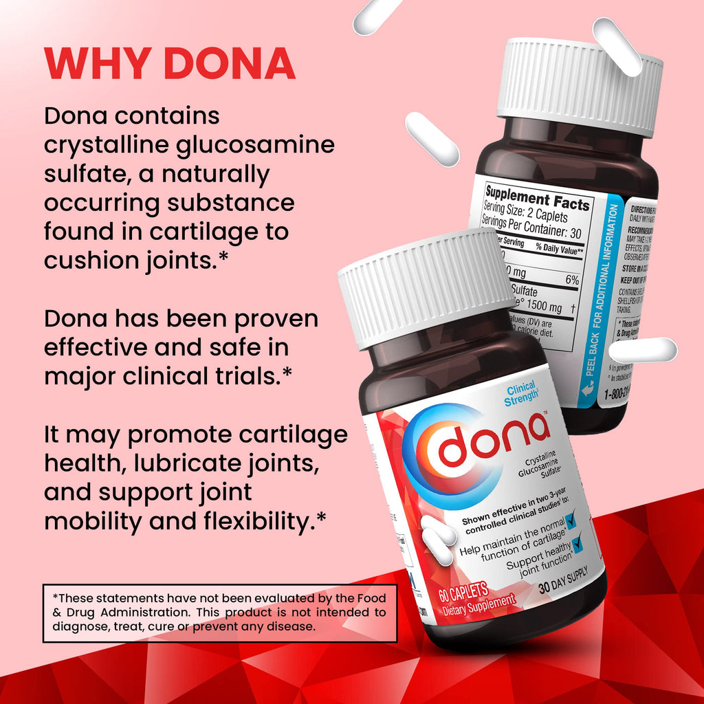 Dona Crystalline Glucosamine Sulfate 750 mg – Joint Health & Mobility Support, 60 Caplets (3-Pack)