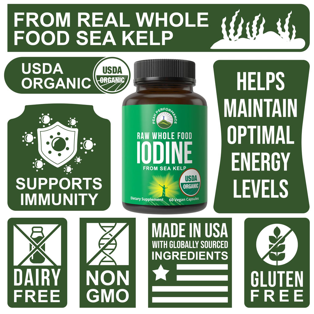 USDA Organic Raw Whole Food Iodine Supplement from Organic Kelp (Ascophyllum Nodosum) – 60 Vegan Capsules