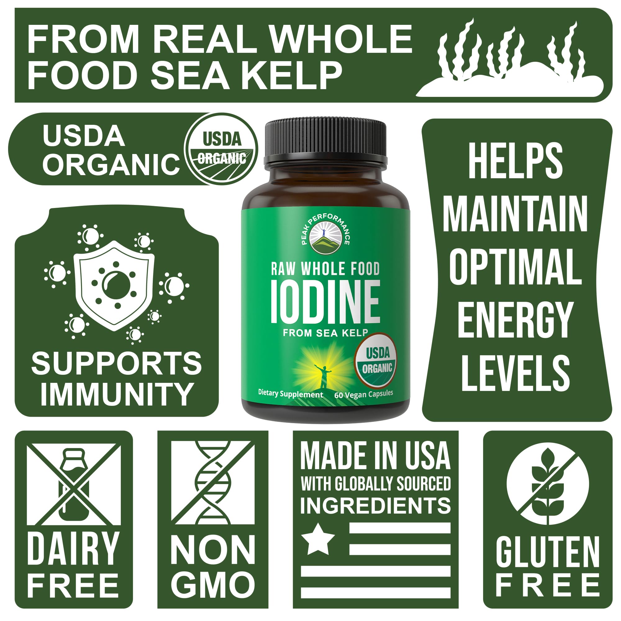 USDA Organic Raw Whole Food Iodine Supplement from Organic Kelp (Ascophyllum Nodosum) – 60 Vegan Capsules