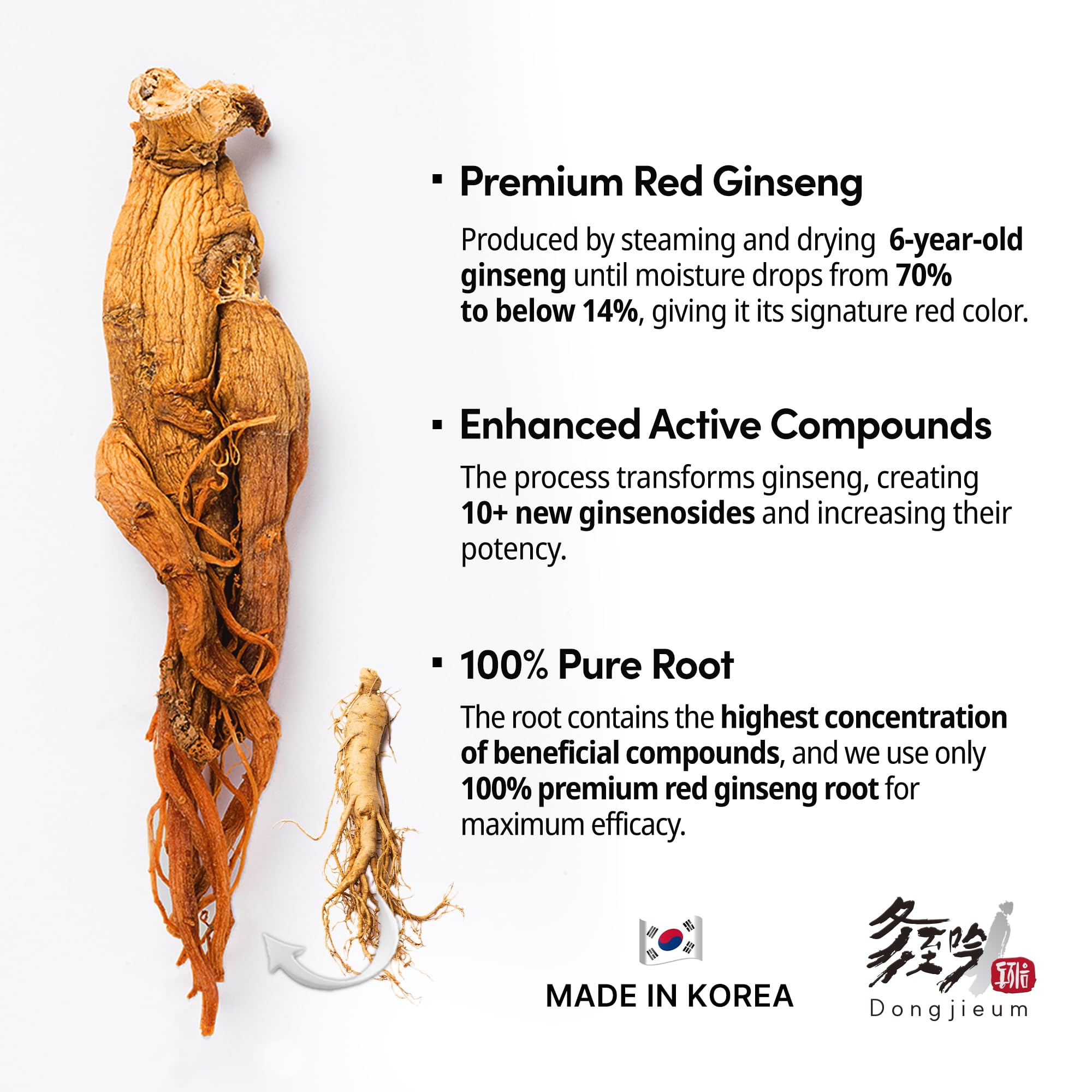 Dongjieum Korean Red Ginseng 6-Year Root - 120 Vegan Capsules | Enhanced Ginsenosides
