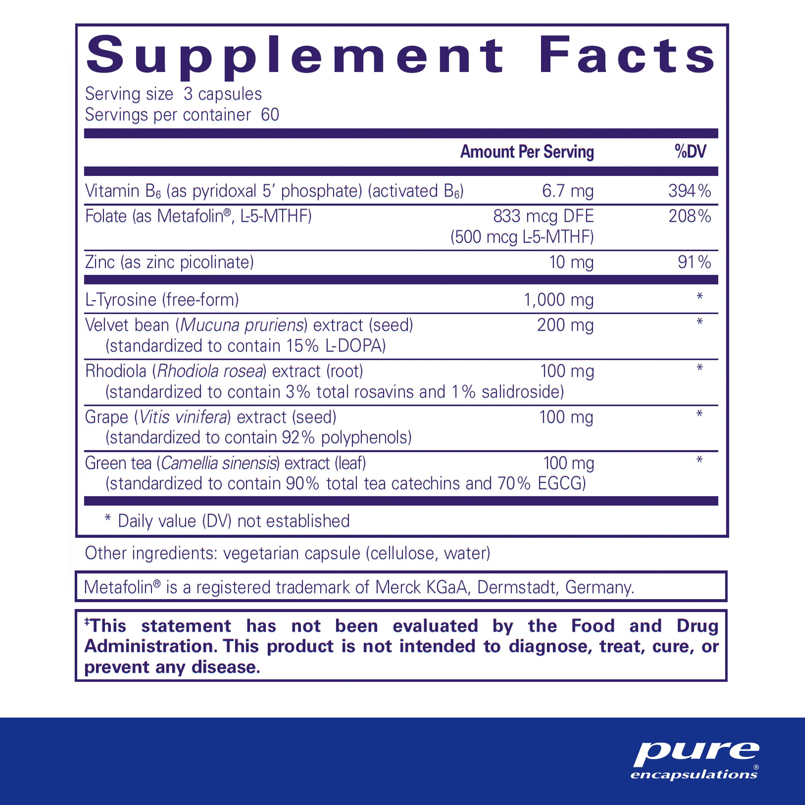 Pure Encapsulations DopaPlus — Supports Dopamine Production for Daily Brain Function* | Folate, B6 & L-5-MTHF | Non-GMO & Vegan - 180 Capsules