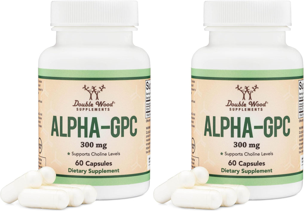 Double Wood Alpha GPC Choline Brain Supplement – 60 Count, 600 mg – Memory, Focus & Brain Support (USA Made) Pack of 2