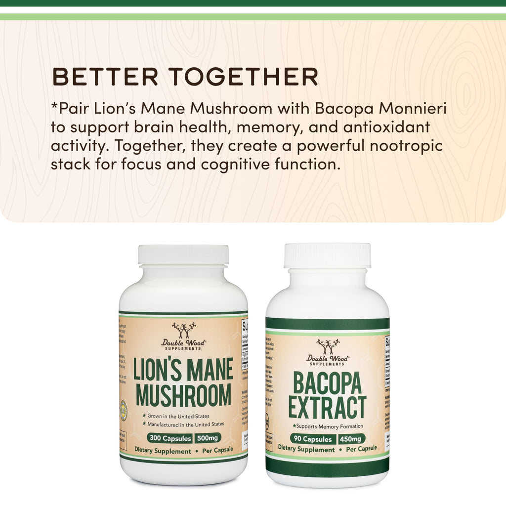 Double Wood Organic Lions Mane Capsules (300 ct) – Focus & Immune Support, USA-Grown