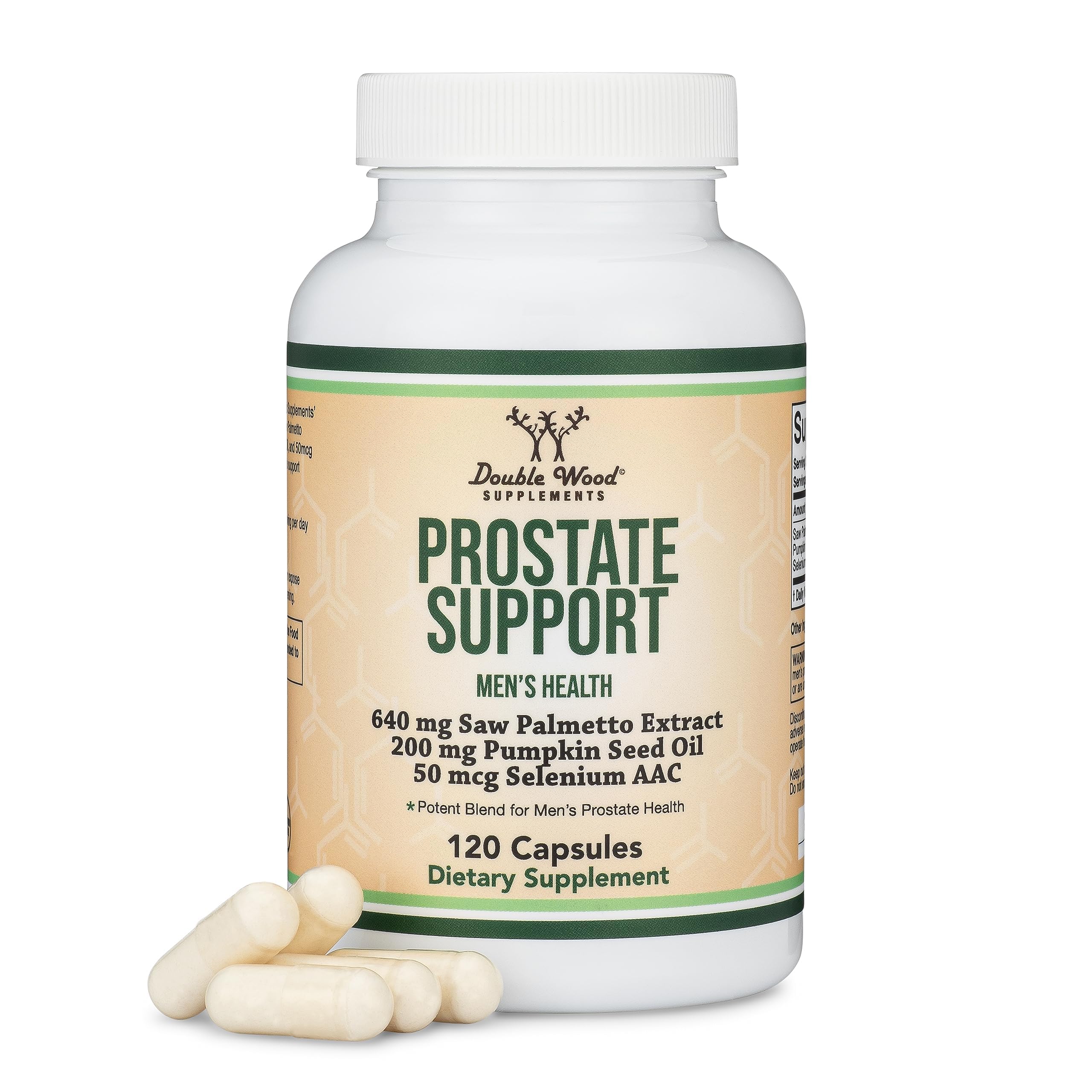 Prostate Support Supplement for Men (120 Capsules) – One Daily Serving | Saw Palmetto, Pumpkin Seed Oil, Selenium | Double Wood