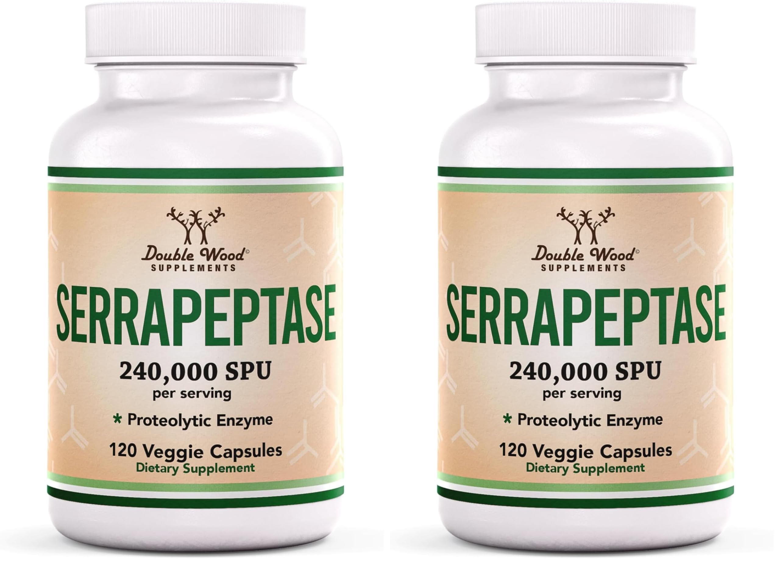 Serrapeptase 240,000 SPU Max Potency – Pack of 2 by Double Wood Supplements (120 Veggie Capsules per Bottle)