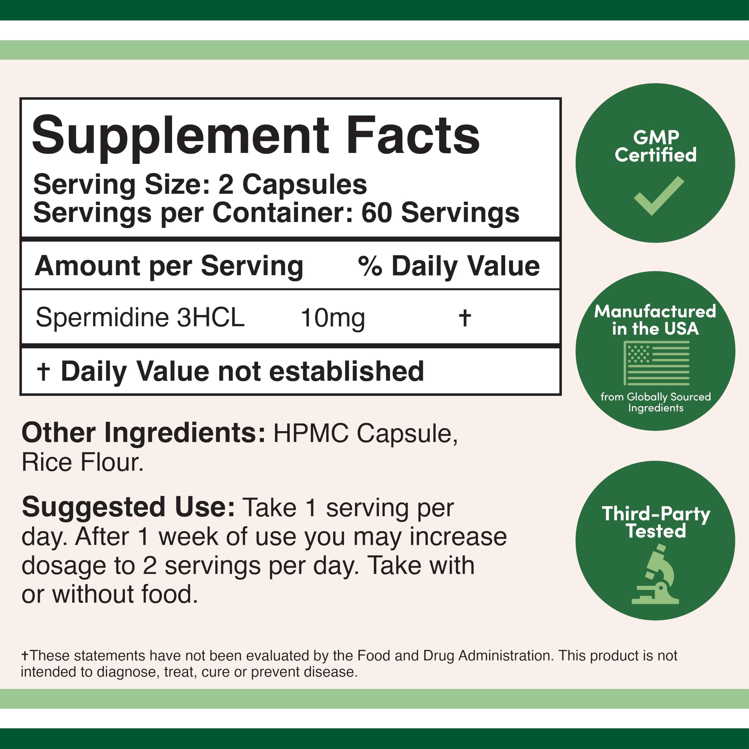 Double Wood Spermidine Supplement 10 mg (99% Spermidine 3HCl) – 120 Capsules – Third-Party Tested