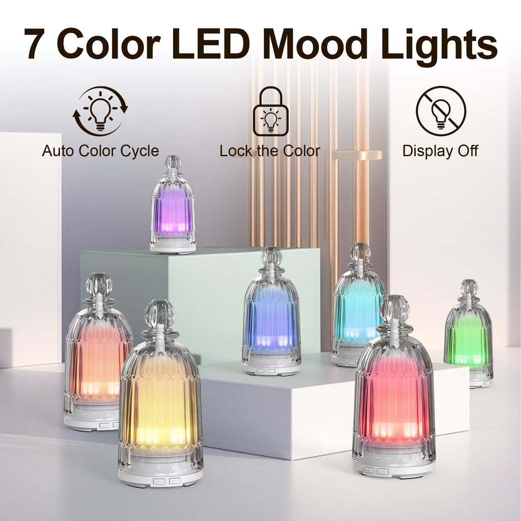 DOUDING 120ml Glass Essential Oil Diffuser | Auto Shut-Off, 7-Color LED, White Base