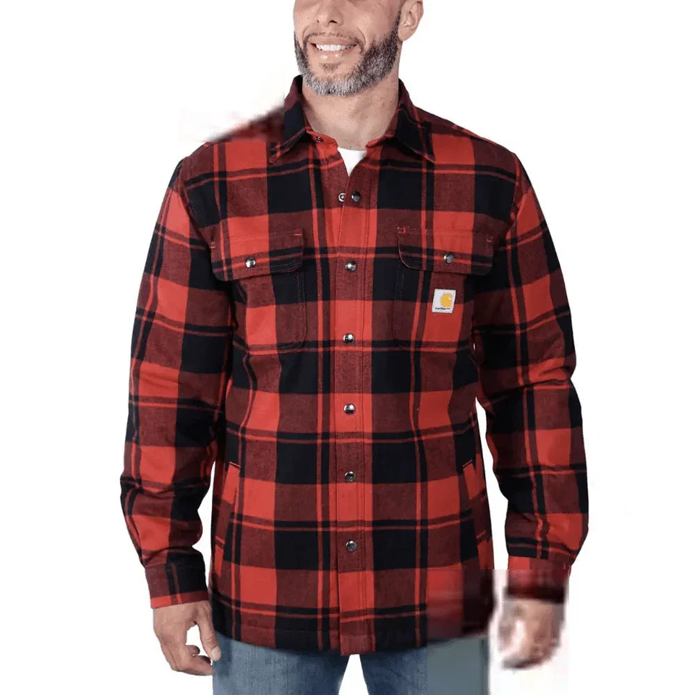 Carhartt 105939 Relaxed Fit Heavyweight Flannel Sherpa-Lined Shirt Jacket Red Ochre Small