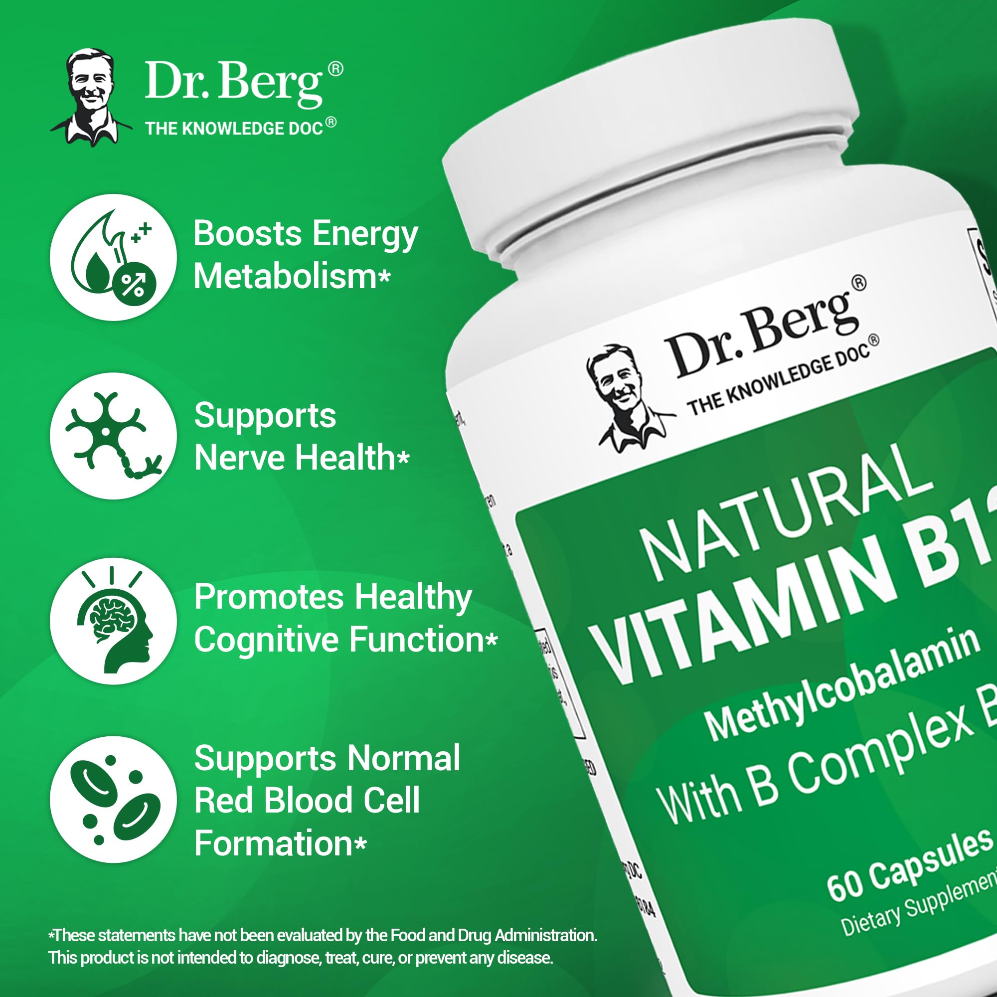 Dr. Berg Vitamin B12 1000 mcg with B Complex | Methylcobalamin for Energy, Nerve Health & Cognitive Function | 60 Capsules