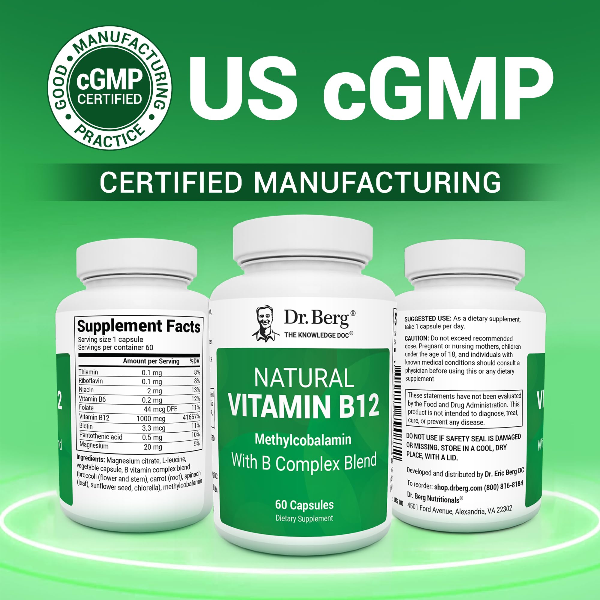Dr. Berg Vitamin B12 1000 mcg with B Complex | Methylcobalamin for Energy, Nerve Health & Cognitive Function | 60 Capsules