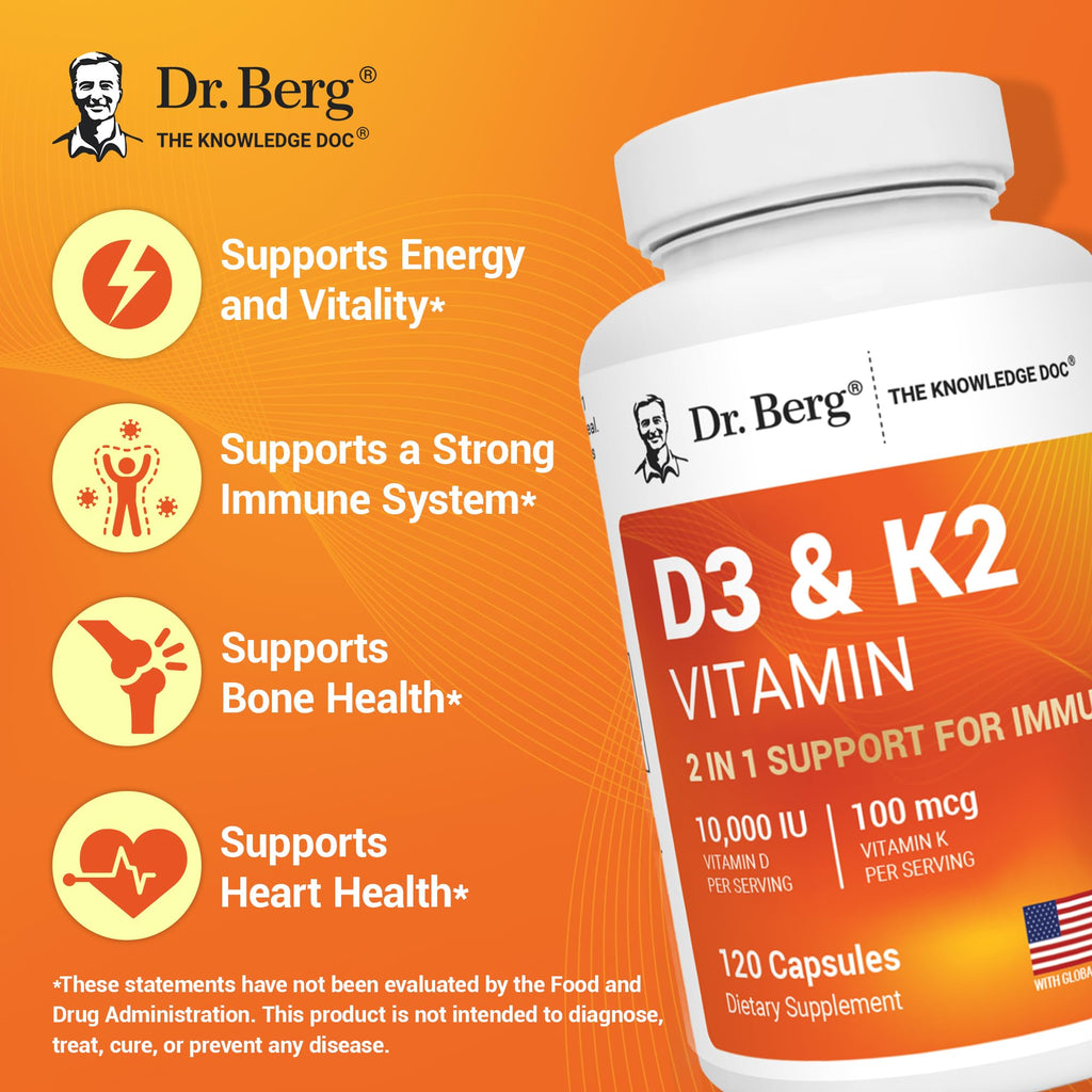 Dr. Berg Vitamin D3 K2 10,000 IU | 120 Capsules | Lab-Tested, High Absorption
