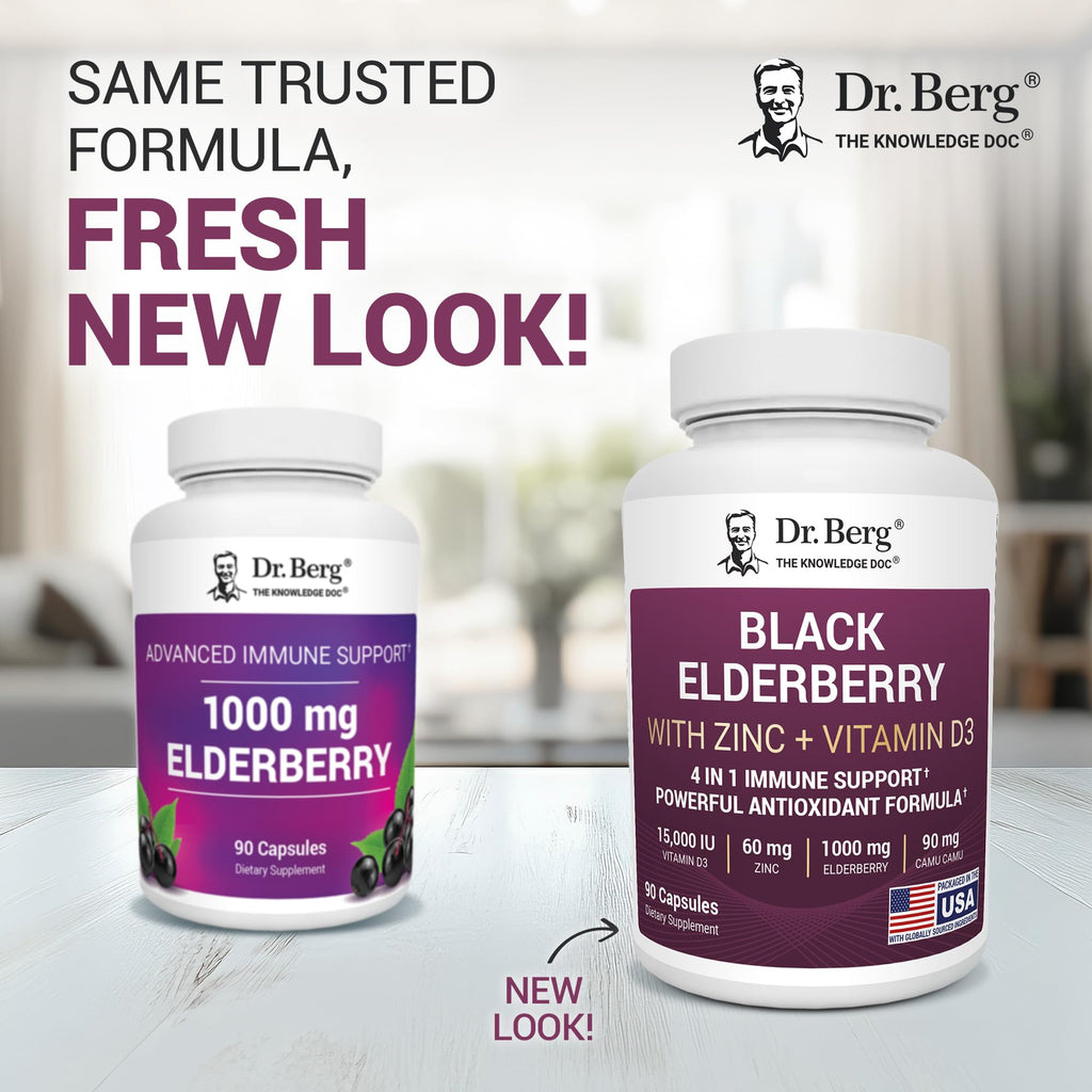 Dr. Berg Black Elderberry Capsules (4-in-1) with 15,000 IU Vitamin D, 60 mg Zinc & 90 mg Camu Camu – Advanced Immune Support, 90 Capsules