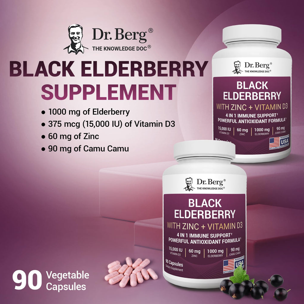 Dr. Berg Black Elderberry Capsules (4-in-1) with 15,000 IU Vitamin D, 60 mg Zinc & 90 mg Camu Camu – Advanced Immune Support, 90 Capsules