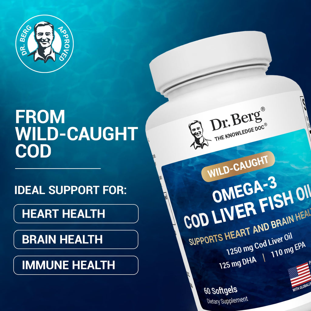 Dr. Berg Maximum Strength Omega-3 Cod Liver Oil 1250 mg – Wild-Caught Cod | Lemon Flavor | EPA/DHA | 60 Softgels