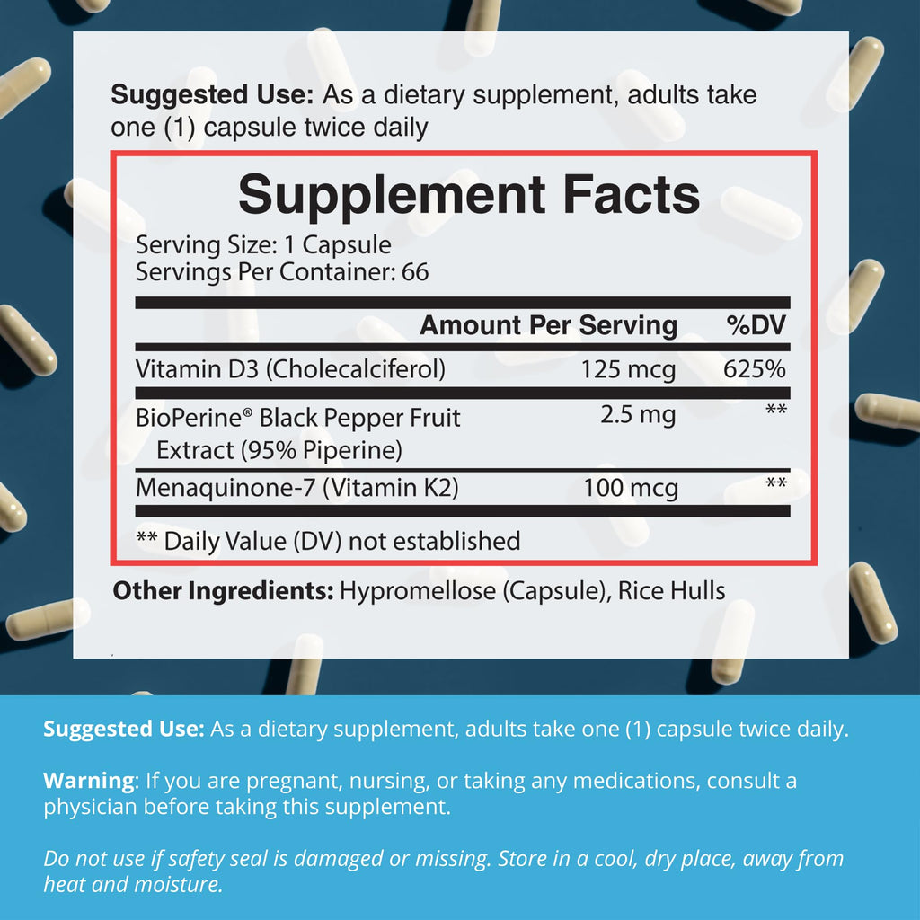 Dr. Boz K2+D3 Capsules – Vitamin D3/K2 with BioPerine | 66 Servings