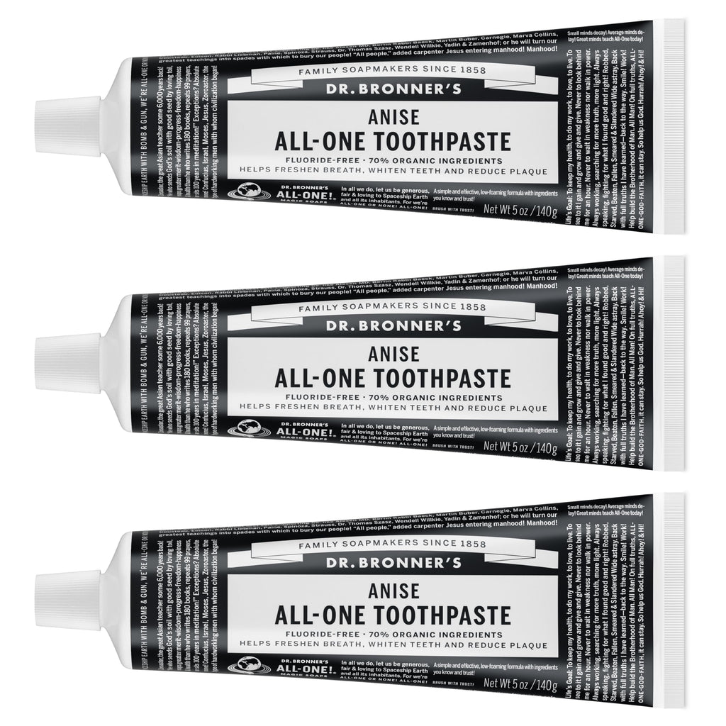 Dr. Bronner’s All-One Toothpaste (Anise, 5 oz, 3-Pack) - 70% Organic, Fluoride-Free, SLS-Free, Vegan