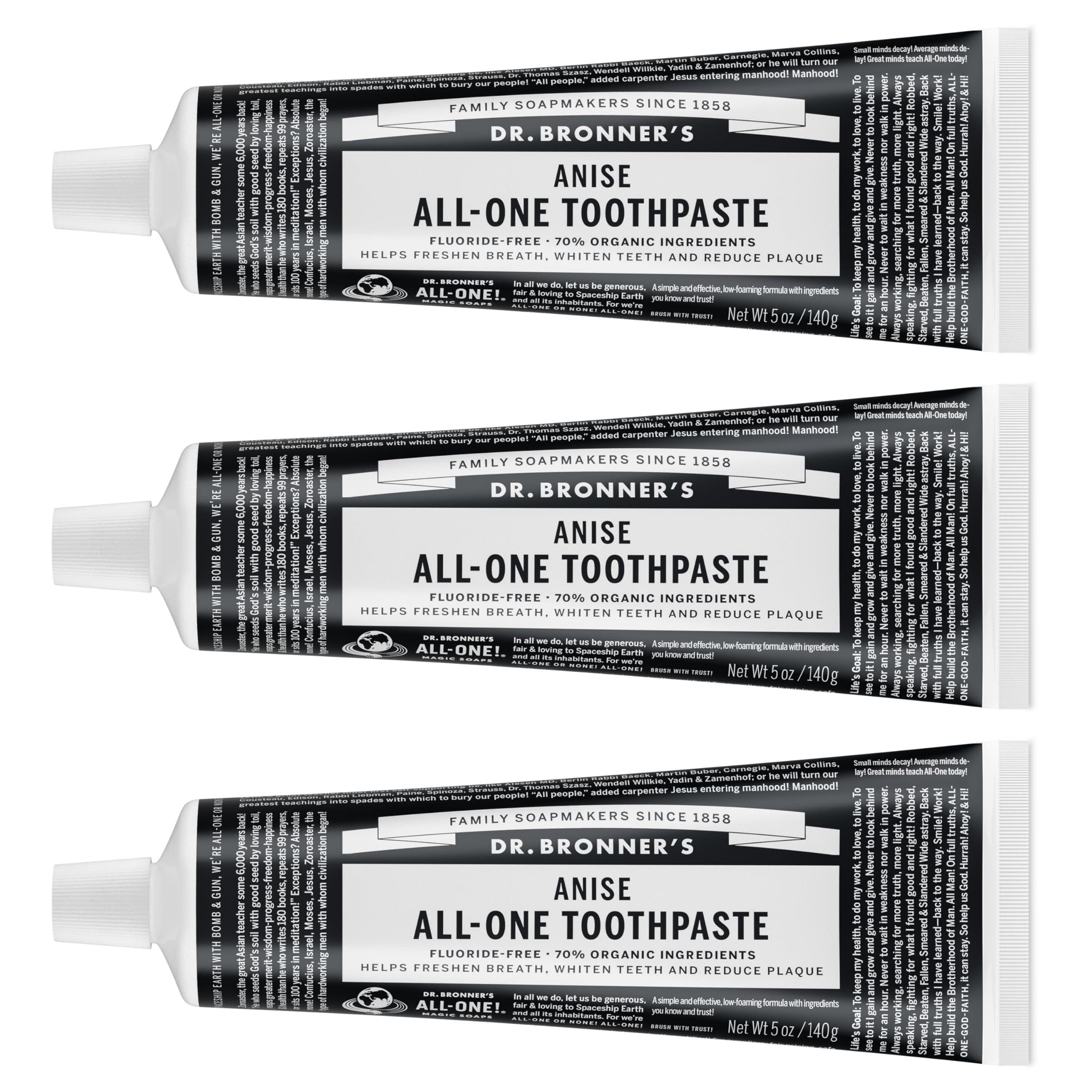 Dr. Bronner’s All-One Toothpaste (Anise, 5 oz, 3-Pack) - 70% Organic, Fluoride-Free, SLS-Free, Vegan