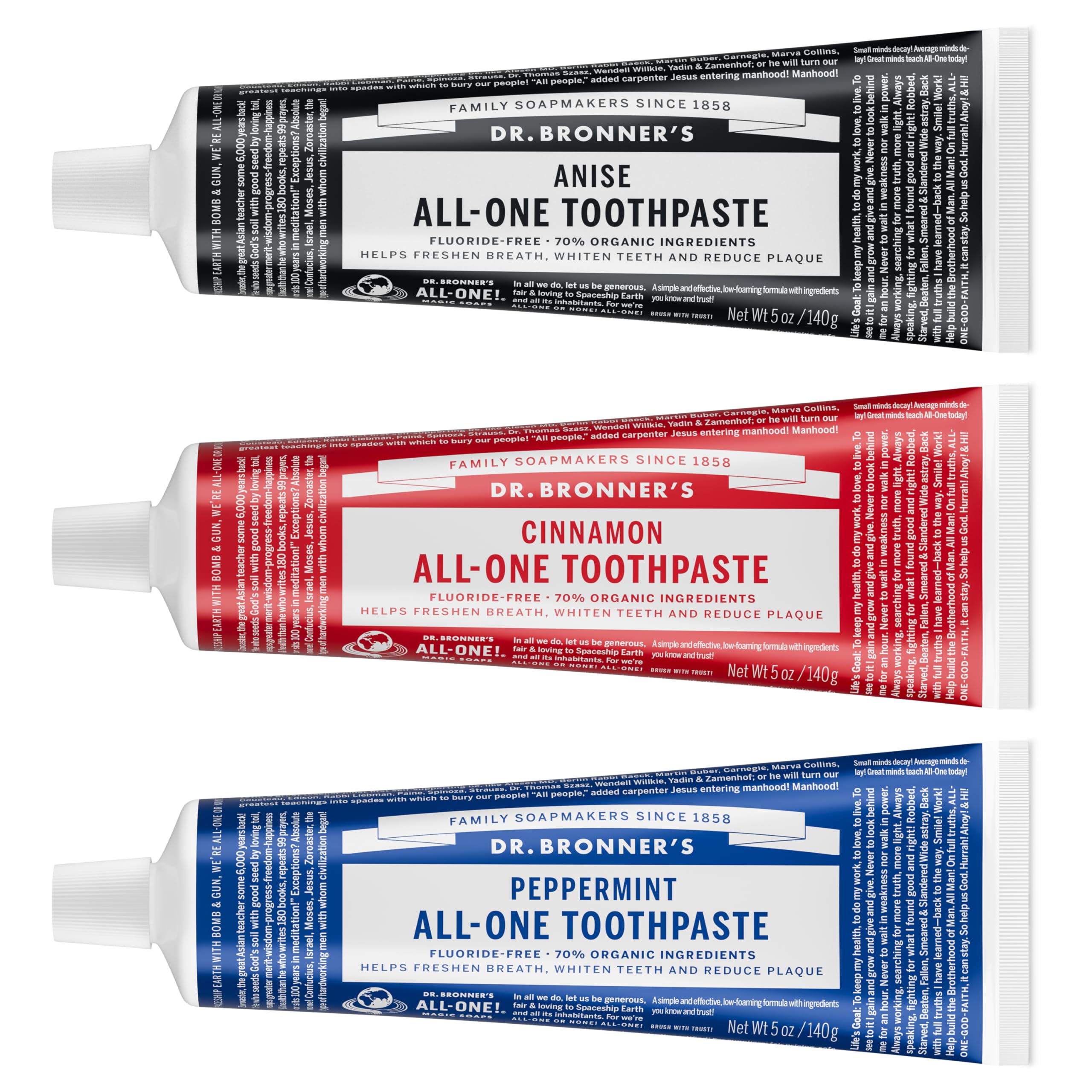 Dr. Bronner's All-One Toothpaste 3-Pack Variety - Peppermint, Cinnamon & Anise (5 oz each) - 70% Organic, SLS Free, Fluoride Free