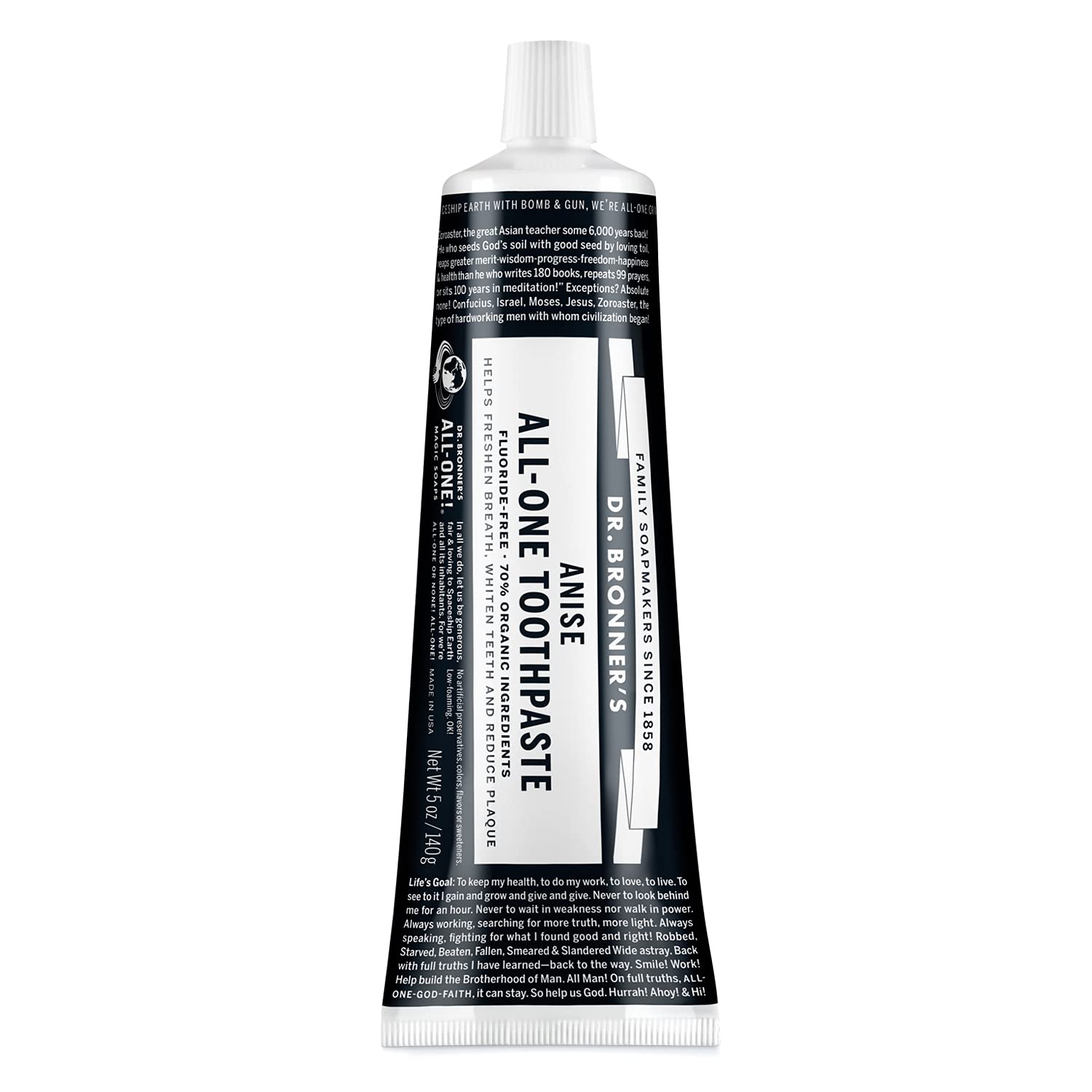 Dr. Bronner's All-One Toothpaste (Anise, 5 oz) - 70% Organic Ingredients, Fluoride-Free, SLS-Free, Vegan