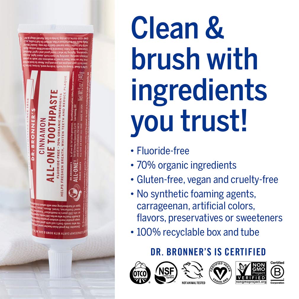 Dr. Bronner’s All-One Toothpaste Cinnamon – 70% Organic, Fluoride & SLS Free, Vegan