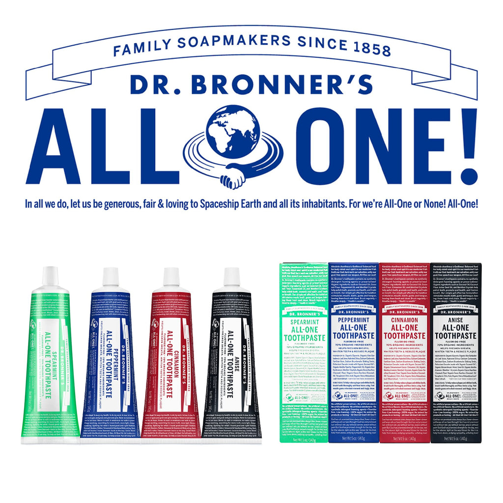 Dr. Bronner’s All-One Toothpaste Variety Pack – Peppermint & Spearmint, 70% Organic, Fluoride-Free, Vegan (5oz, 2-Pack)