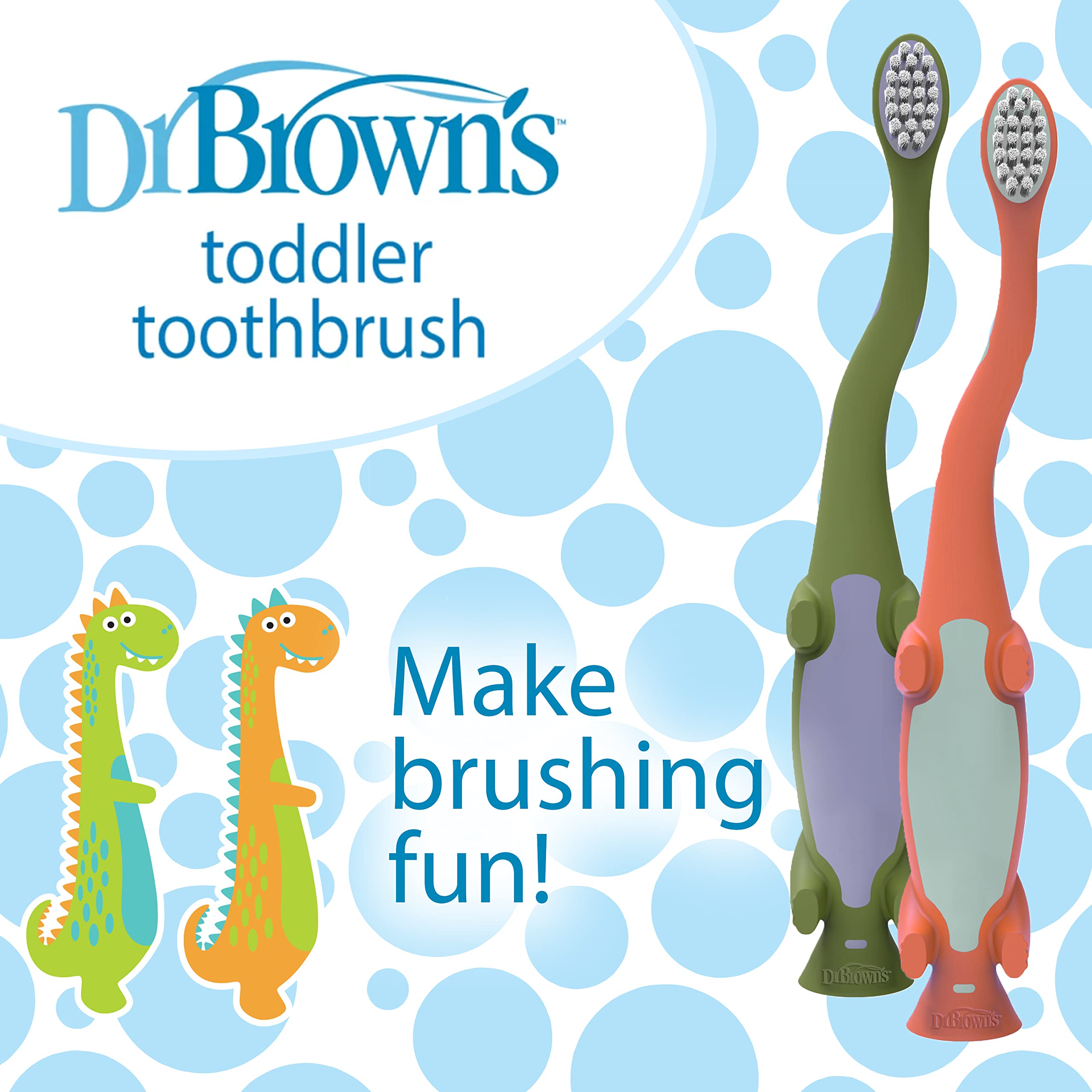 Dr. Brown's Dinosaur Toddler Toothbrush – Green & Orange, 2-Pack