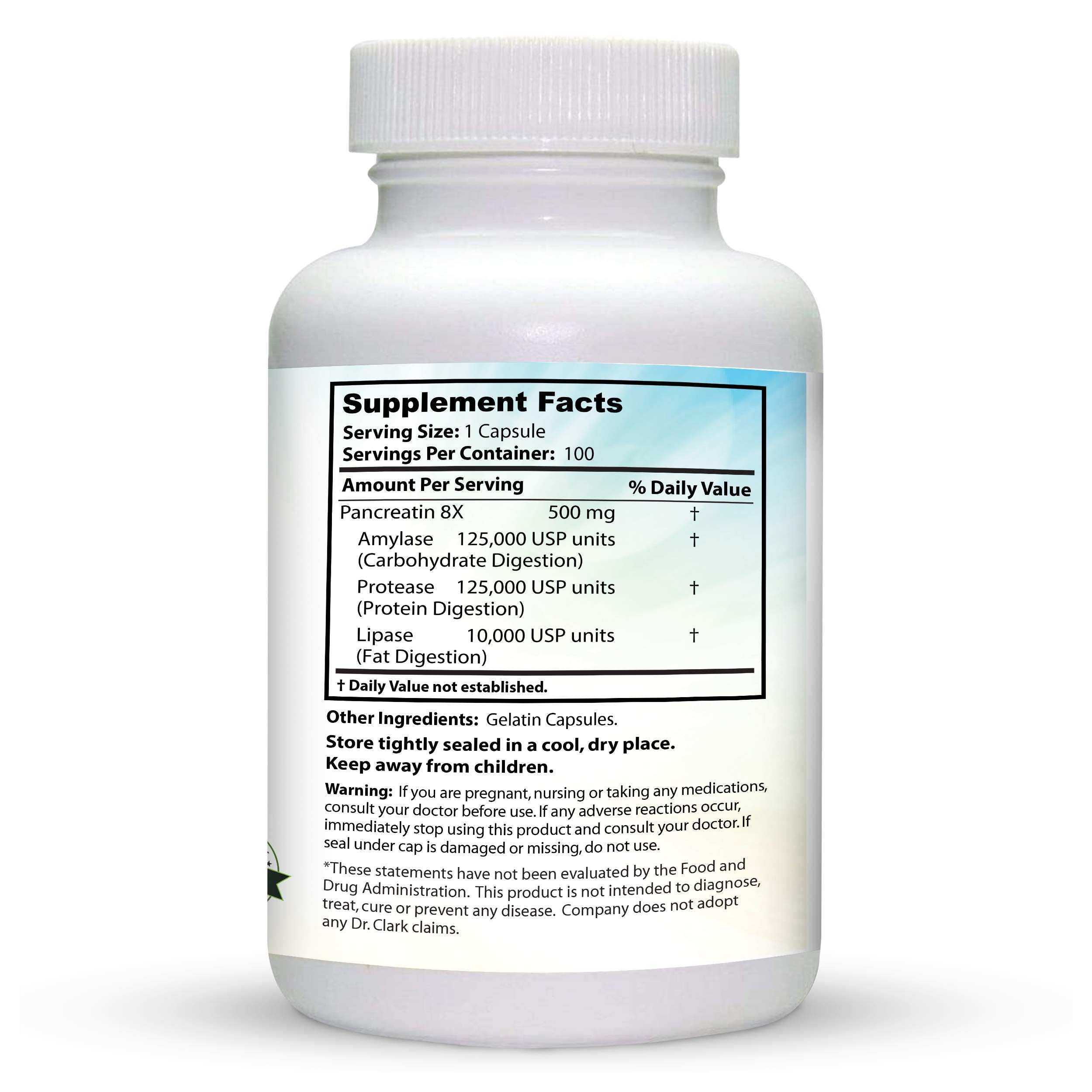 Dr. Clark Pancreatin 8X Enzyme Supplement 500mg – Digestive Enzymes for Protein, Fat & Carbs Support | 100 Gelatin Capsules