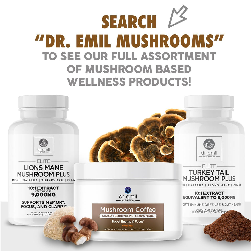 Dr. Emil Nutrition Turkey Tail Mushroom Capsules – Immunity & Gut Health Formula with Lion's Mane, Chaga, Reishi & Maitake