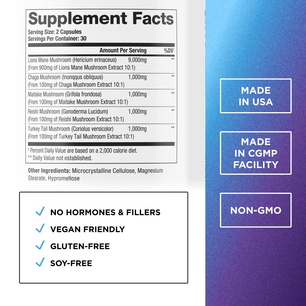 Dr. Emil Nutrition 9000mg Lion's Mane Capsules – Organic Mushroom Blend with Chaga, Reishi & Maitake