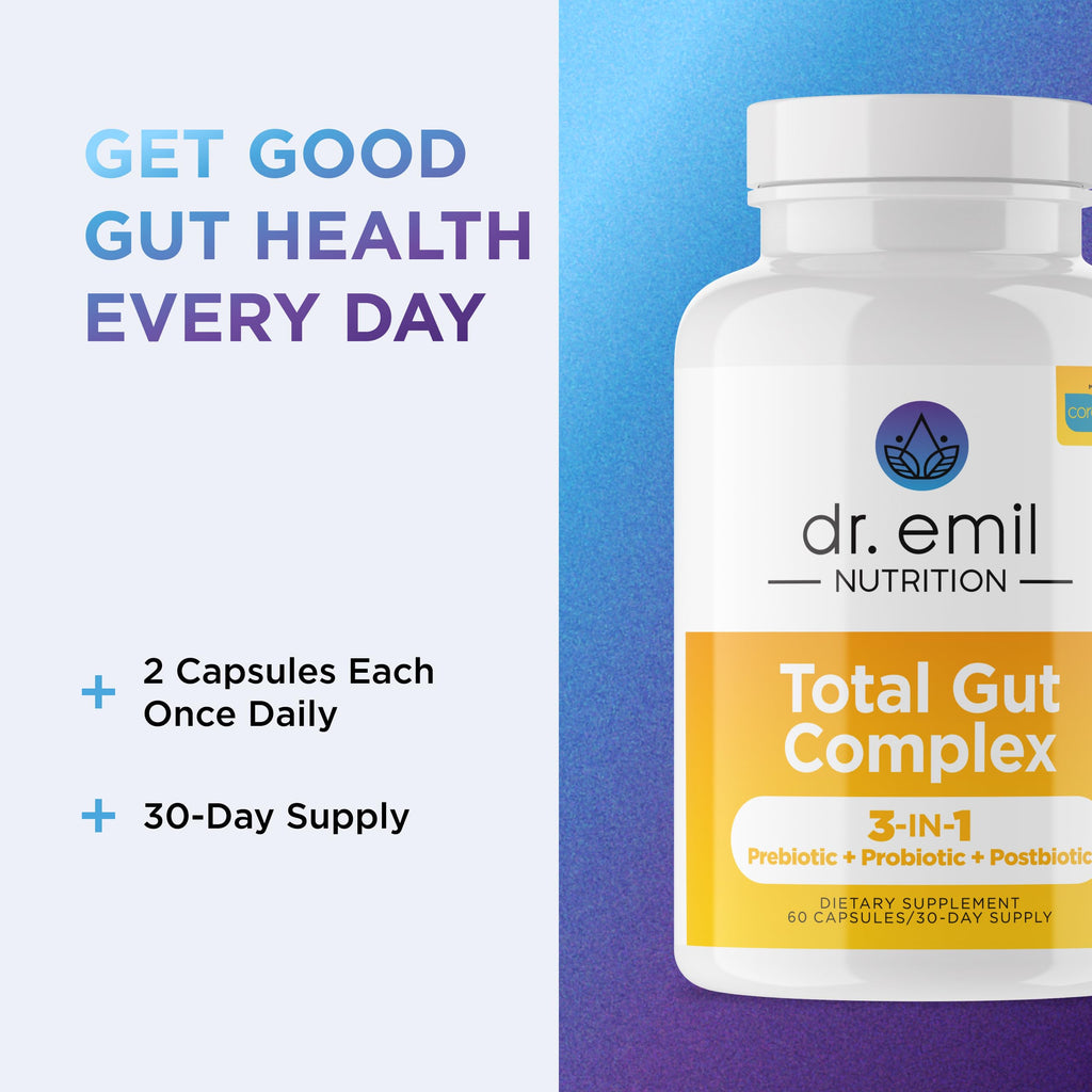 DR. EMIL NUTRITION Total Gut Health Complex – Prebiotic, Probiotic & Postbiotic Supplement – Supports Digestive Health, Bloating & Gut Balance – Non-GMO & Soy-Free – 60 Capsules
