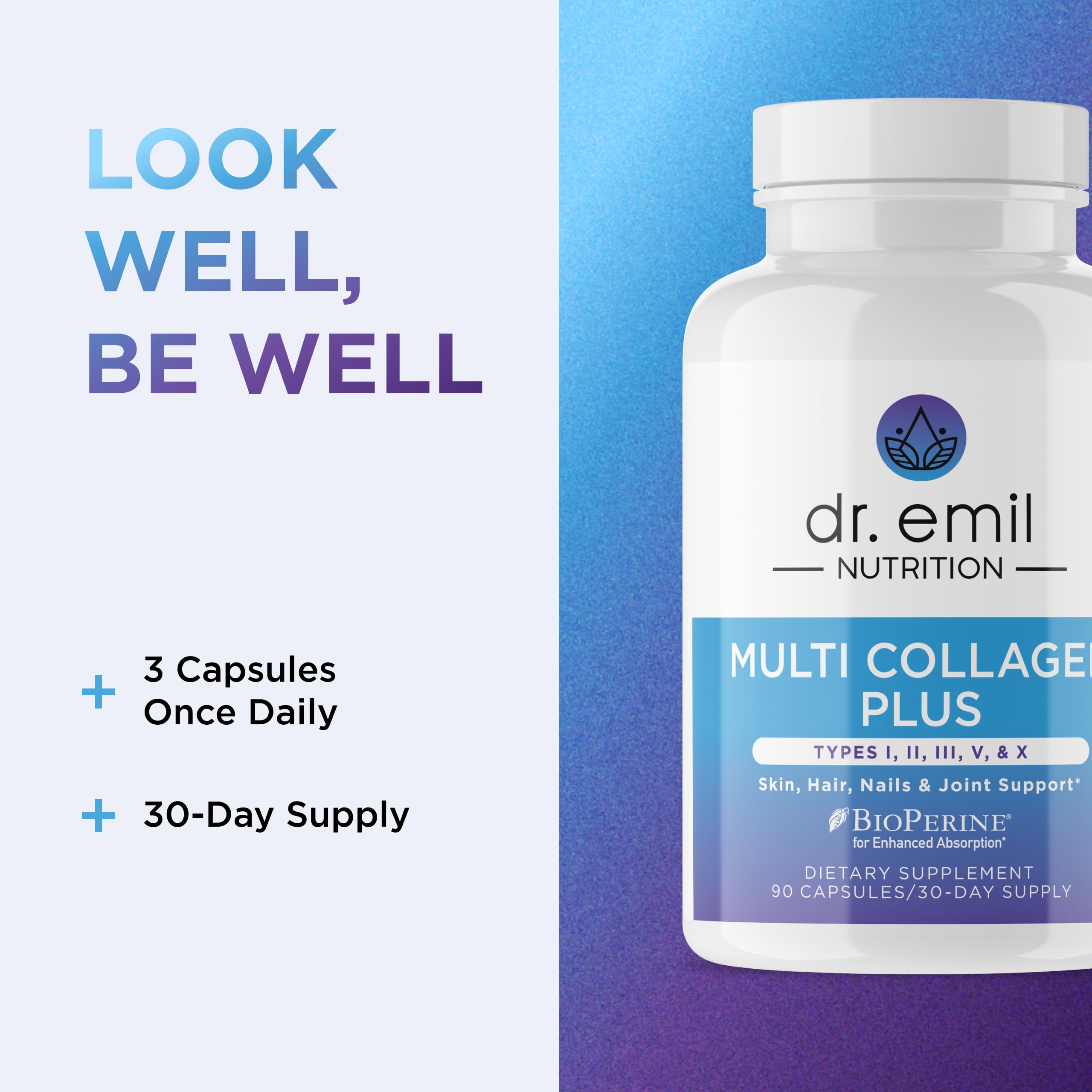 DR. EMIL NUTRITION Women's Multi Collagen Pills | Hydrolyzed Collagen for Hair, Skin, Nails & Joints | Types I, II, III, V & X | 90 Capsules