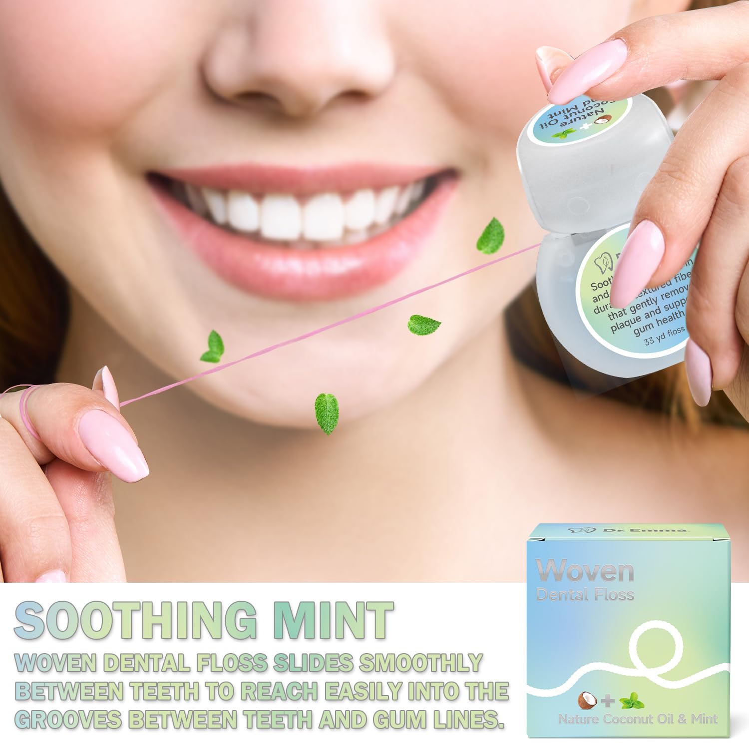 Dr. Emma Woven Coconut Oil-Infused Expanding Dental Floss – Mint, 33 yd, Pack of 4