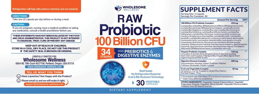 Wholesome Wellness Organic Raw Probiotics – 100B CFU, 30 Caps