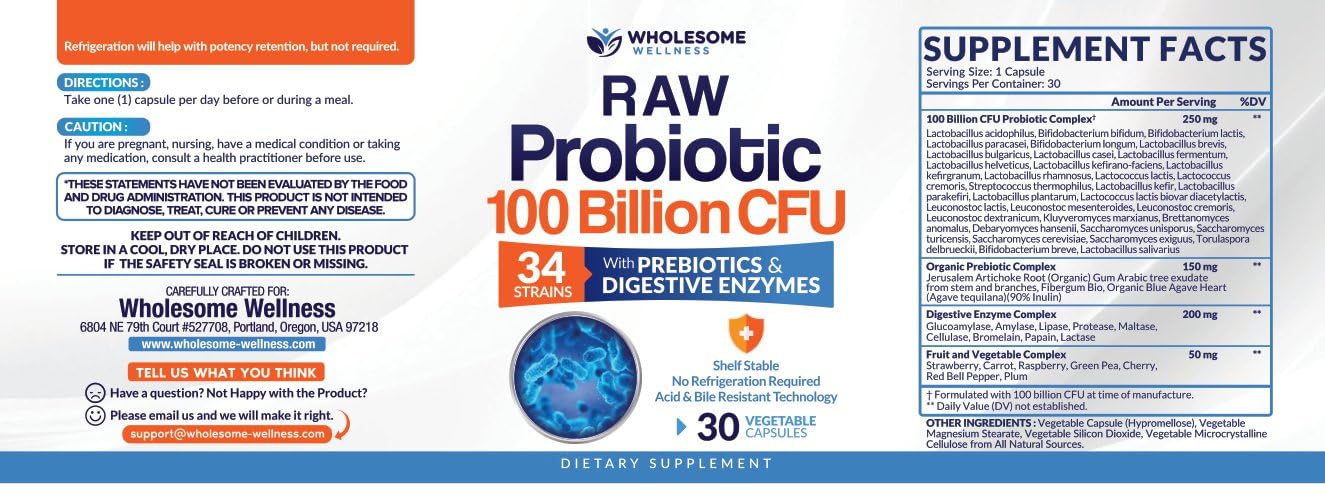 Wholesome Wellness Organic Raw Probiotics – 100B CFU, 30 Caps