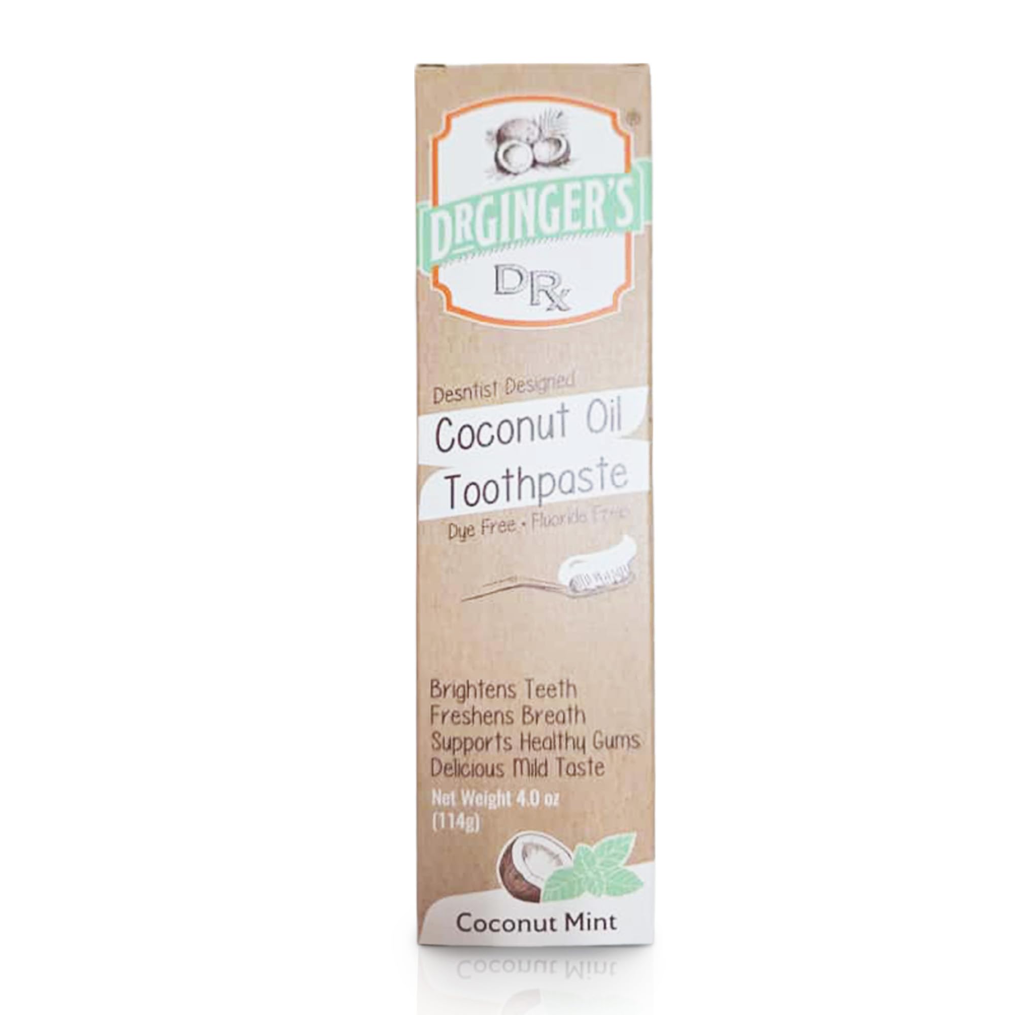 Dr. Ginger's Coconut Oil Fluoride-Free 4oz | Natural Toothpaste, Dentist Formulated